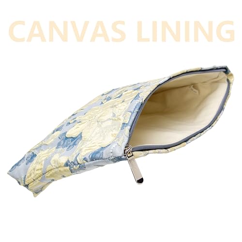 PAZIMIIK Makeup Bag Large Cotton Zipper Pouch for Purse Travel Canvas Make Up Organizer for Women Cosmetic,Brocade Blue - color: Brocade Blue Flower