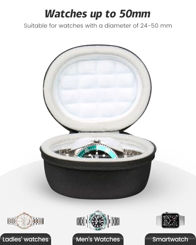 Watch Travel Case for Men Portable Single Watch Storage Box for Wristwatches and Smart Watches up to 50mm - Black