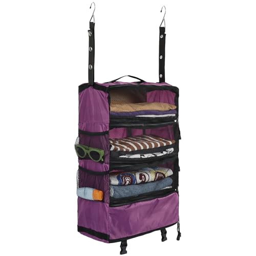 Surblue Travel Hanging Luggage Organizer Portable Suitcase Closet Organizer Multiple Compartments Collapsible Compression Packing Cubes Shelf, Purple, M - color: Purple-A, size: M_14.5×7×22.5in