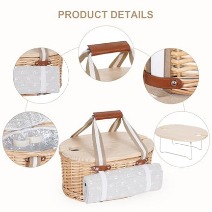 Picnic Basket Set for 2 - Wicker Insulated Picnic Basket with Waterproof Blanket, Folding Wine Picnic Table & Cutlery Kits, Picnic Baskets Kit for Camping, Outdoor, Valentine (White Flower)