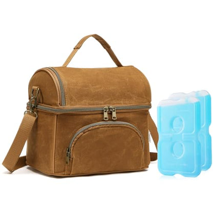 Waxed Canvas Lunch Bag with 2 XL Ice Packs, Canvas Lunch Box, Lunch Cooler for Men Work, 10.5L 2 Compartments Insulated Leakproof Cooler Bags for Camping, Beach and Road Trips - color: Biscuit Yellow