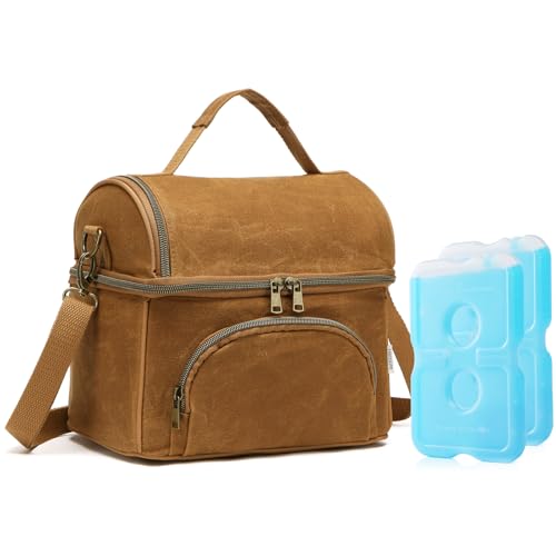 Waxed Canvas Lunch Bag with 2 XL Ice Packs, Canvas Lunch Box, Lunch Cooler for Men Work, 10.5L 2 Compartments Insulated Leakproof Cooler Bags for Camping, Beach and Road Trips - color: Biscuit Yellow