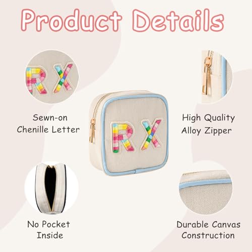 Small Canvas Rx Medicine Packages, Cute Chenille Letter Patch Drug Makeup Bag with Metal Zipper, Mini Travel First Aid Purse Organizer Machine Washable (03Blue-Rainbow) - color: 03Blue-Rainbow