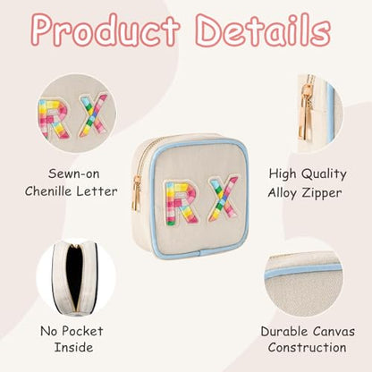 Small Canvas Rx Medicine Packages, Cute Chenille Letter Patch Drug Makeup Bag with Metal Zipper, Mini Travel First Aid Purse Organizer Machine Washable (03Blue-Rainbow) - color: 03Blue-Rainbow