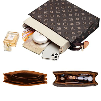 Felt Purse Organizer Insert Fits Toiletry Pouch 26x19 Messenger Bag Liner with Gold Buckle & Keychain (Large, Brown) - color: Brown, size: Large-26