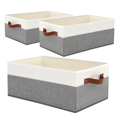 3 Pack Large Capacity Storage Bins Closet Organizer for Shelves, Fabric Closet Storage Baskets Boxes with Leather Handles for Organizing Clothes, Sheets, Jeans, Toys, Books (Grey) - style: 3 Pack Grey & White