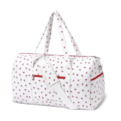 Gym Bag for Women, Cute Duffle Bag, Quilted Duffle Bag for Travel, Floral Duffle Bags, Weekend Bag with Zipper Pocket Dance Bag Organizer - color: A-Cherry