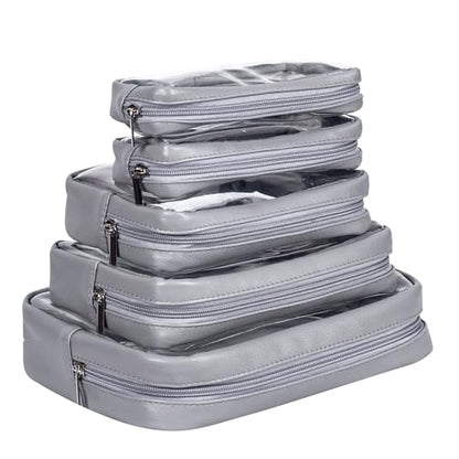 Remobia Hicol TSA Approved 5-Piece Diaper Bag Organizer Pouch Set Clear Waterproof TPU Kids Toiletry Storage Set Travel Packing Clutch Cube Bags for Baby Nursing (Dark Gray) - color: Dark Gray Leather