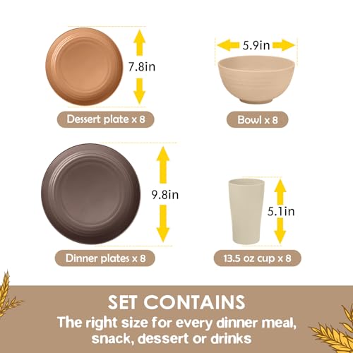 Teivio 32-Piece Kitchen Plastic Wheat Straw Dinnerware Set, Service for 8, Dinner Plates, Dessert Plate, Cereal Bowls, Cups, Unbreakable Colorful Plastic Outdoor Camping Dishes, Desert - color: Desert