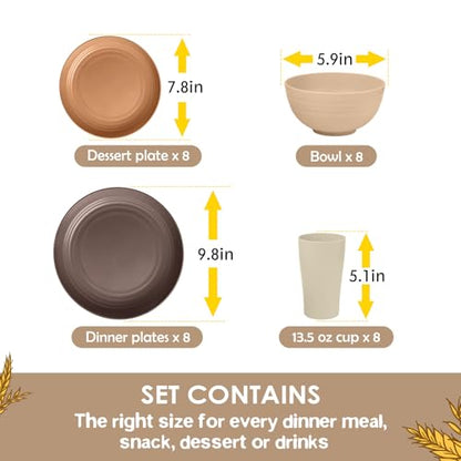 Teivio 32-Piece Kitchen Plastic Wheat Straw Dinnerware Set, Service for 8, Dinner Plates, Dessert Plate, Cereal Bowls, Cups, Unbreakable Colorful Plastic Outdoor Camping Dishes, Desert - color: Desert