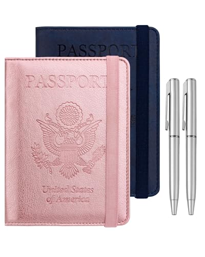 WALNEW Passport Holder for Travel, RFID Passport Cover Wallet for Women Men, PU Leather Passport Book Card Holder Case with Pen, Travelling Essentials for Flying - color: AA-Navy Blue+Rosegold, style: Elastic Band Closure