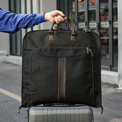 Polare Waxed Canvas Full Grain Leather Trim Garment Carry On Bag for Travel, Foldable Hanging Suitcase Weekender Dust-Proof Garment Waterproof Cover with YKK Zipper and Adjustable Strap (Black) - color: Black