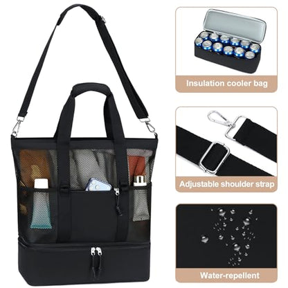 Bluboon Mesh Beach Tote Bag with Cooler Compartment Insulated Detachable Picnic Bag with Zipper and Pocket Pool Bag for Women - color: Black B
