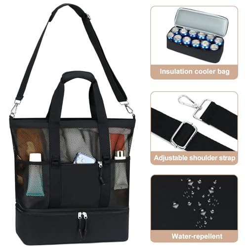 Bluboon Mesh Beach Tote Bag with Cooler Compartment Insulated Detachable Picnic Bag with Zipper and Pocket Pool Bag for Women - color: Black B