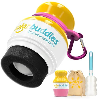 Solar Buddies Grab & Go Travel Bundle - Single Pink - Empty Refillable Applicator with Carabiner Clip & Brush - Roll-On Sponge for Lotion & Cream - 3.4oz (No Sunscreen Included) - color: Pink Single
