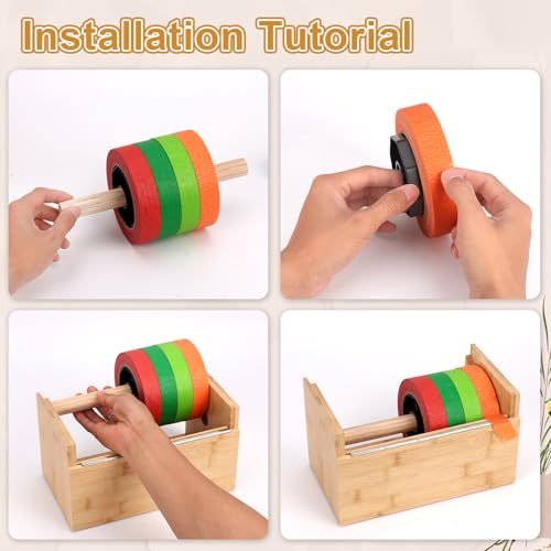 Wood Masking Tape Dispenser Fits 1" and 3" Core Large Tape Dispenser 3 Inch Core Painters Tape Dispenser Multi Roll Tape Holder Craft Tape Dispenser with 8 Pcs 3 Inch Core for Heat Tape (No Tape)