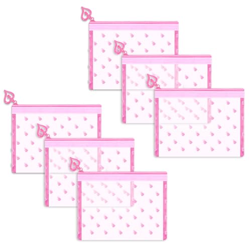 6 Pack Mini Zipper Mesh Makeup Bags, Heart Print Nylon Cosmetic Bags Toiletry Bags for Office Travel Organization (Pink, XS) - color: Pink, size: XS