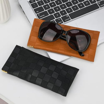 Sightor Sunglasses Case, 2 Pcs Soft Eyeglass Cases Checkered Sunglass Case Portable Squeeze Top Leather Glasses Pouch - color: Black, Brown