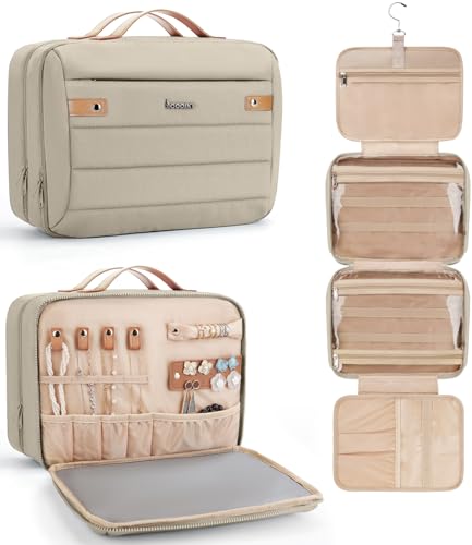 COOSKY Women's Hanging Toiletry Bag, Waterproof Travel Cosmetic Organizer with Jewelry Storage, Large Capacity Makeup Case for Full-Size Skincare & Bathroom Essentials, Portable Cosmetic kit, Khaki - color: Khaki