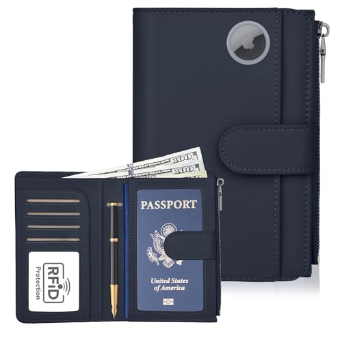 Passport Holder for Travel, Leather Passport Wallet with Airtag Slot, RFID Blocking Travel Wallet for Women Men, Passport Cover with Air Ticket Card Cash Coin Pocket, Travel Essentials Gift - color: Dark Blue