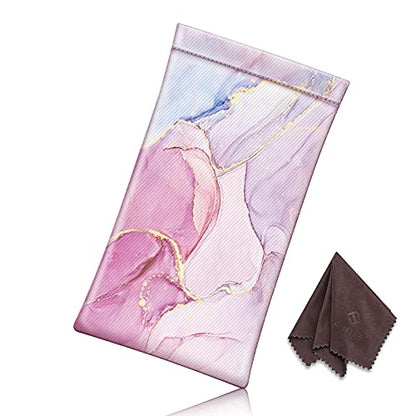 [2 Pack] Fintie Eyeglasses Pouch with Cleaning Cloth, Portable Squeeze Top Leather Glasses Case Sunglasses Bag, Glittering Marble + Emerald Marble - color: Glittering Marble + Emerald Marble