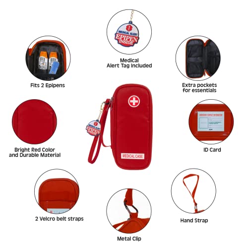 Jayour EpiPen Medical Carrying Case Insulated, Travel Medication Organizer Bag Emergency Medical Pouch, Fits 2 EpiPens, Asthma Inhaler, Anti-Histamine, Auvi-Q, Allergy Medicine Essentials, Red - color: Red