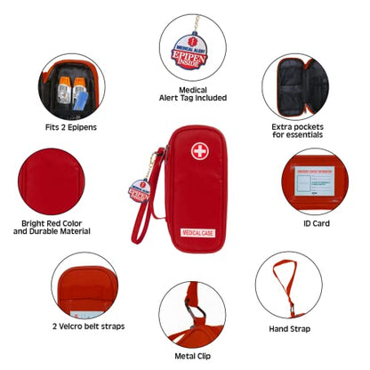 Jayour EpiPen Medical Carrying Case Insulated, Travel Medication Organizer Bag Emergency Medical Pouch, Fits 2 EpiPens, Asthma Inhaler, Anti-Histamine, Auvi-Q, Allergy Medicine Essentials, Red - color: Red