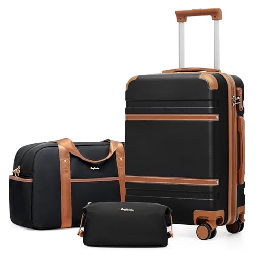 LONG VACATION Carry On Luggage Set 3 Piece, 20 Inch ABS+PC Hardshell Carry on Suitcase with Spinner Wheels TSA Lock & YKK Zipper - color: Black Brown, size: 3 Piece Set (20 Inch)