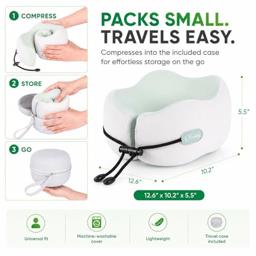 Memory Foam Travel Neck Pillow for Airplane Travel, Head and Chin Support, Adjustable Strap, Washable Cover, Carry Case