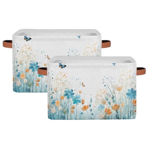 Watercolor Flower Butterfly Rectangular Storage Bin Collapsible Storage Basket Organizer Boxes with Leather Handle Storage Cube for Shelves Toy Laundry Nursery 2 PC - color: Watercolor Flower Butterfly, size: 2 Pcs