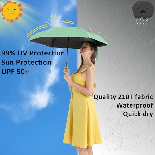 BAODINI Travel Essentials Mini Umbrella for Purse With Case Small Compact UV Sun Protection Lightweight Tiny Pocket Manual Open Close Umbrella for Women Kids and Men Fits Purse Backpack - color: E-2 Pack Light Green & Beige