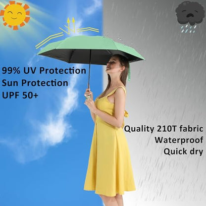 BAODINI Travel Essentials Mini Umbrella for Purse With Case Small Compact UV Sun Protection Lightweight Tiny Pocket Manual Open Close Umbrella for Women Kids and Men Fits Purse Backpack - color: E-2 Pack Light Green & Beige