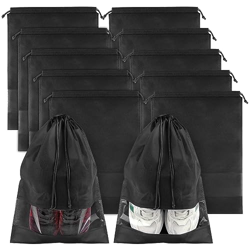 Large Black Travel Shoe Bags - 10 Pcs with Clear Window, Non-Woven Drawstring, 12.6" X 17.3" for Men Women - color: Black, style: 10 Pack