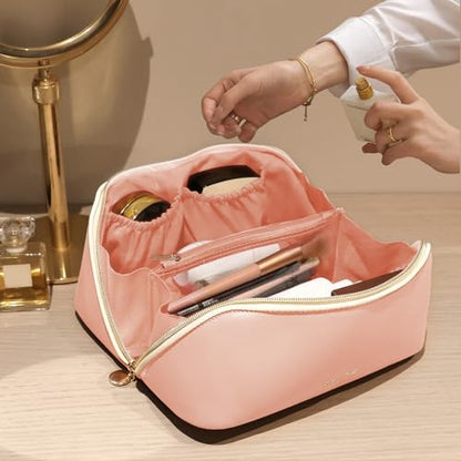 Prite Makeup Bag for Women Travel Waterproof Vegan Leather Cosmetic Bag Open Flat Toiletry Bag With Clear Divider and Handle (Pink, Medium) - color: Pink, size: Medium