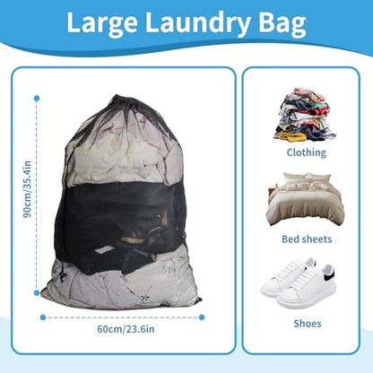 2 Pack Mesh Laundry Bags,24 x 35 Inches Heavy Duty Drawstring Dirty Clothes Bag for Camp,College,Dorm,Travel,Family,Apartment Dwellers,RV & Cruise Essentials(Black)