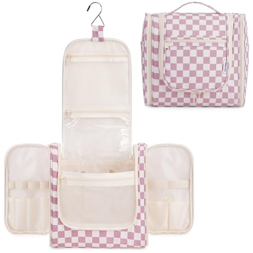 Narwey Checkered Hanging Travel Toiletry Bag for Women, Travel Bag for Toiletries, Makeup Bag Organizer Cosmetic Bags Make Up Bags for Women (Dusty Rose Checkerboard) - color: C-Dusty Rose Checkerboard, size: Large