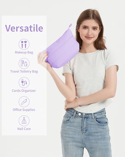 Narwey Travel Makeup Bag for Women Girl, Puffer Makeup Up Organizer Bag Cosmetic Bag, Puffy Cute Makeup Pouch Purse, Travel Toiletry Bag (Pruple) - color: Purple