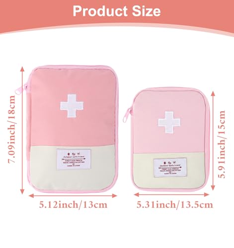 Small First Aid Pouch Empty, 2 Pcs Pink First Aid Kit, Mini Portable Oxford Fabric Medical Bag with 2 Different Sizes for Outdoor Indoor Camping Hiking Traveling Sports Car Home Emergency
