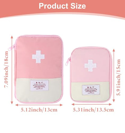 Small First Aid Pouch Empty, 2 Pcs Pink First Aid Kit, Mini Portable Oxford Fabric Medical Bag with 2 Different Sizes for Outdoor Indoor Camping Hiking Traveling Sports Car Home Emergency