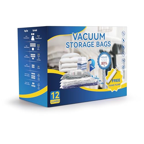 12 Jumbo Compression Storage Bags, Vacuum Storage Bags, Space Saver Bags for Comforters, Blankets, Bedding, Pillows and Clothes Storage, Hand Pump Included - size: 12 Jumbo