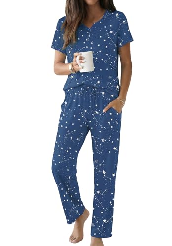 Ekouaer 2 Piece Womens Pajamas Short Sleeve Top and Long Pants Pjs Set Printed Sleepwear with Pocket - color: Blue Stars, size: Small