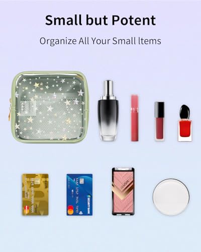 Wandering Nature Clear Makeup Bag for Purse, Mini Make up Bag with Glitter Star Pattern, Cute Cosmetic Pouch for Women with Slip-in Pockets, Travel Toiletry Essentials Vegan Leather Organizer Pouch - color: Green Star