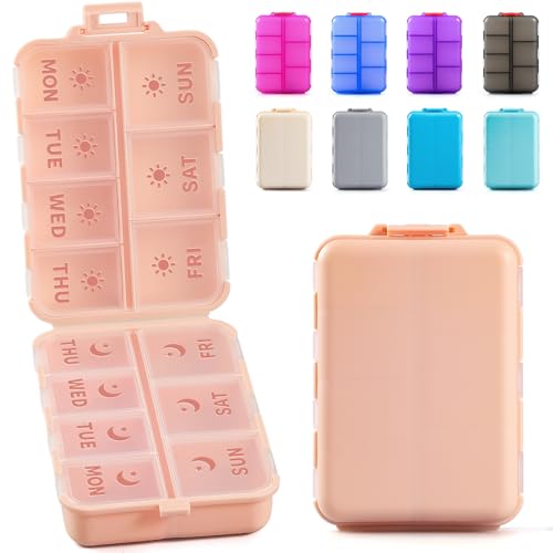 NEW Foldable & Double Protection Portable Weekly Pill Organizer 2 Times A Day with Etched Labels, AM PM 7 Day Week Medicine Box, Daily Travel Pill Case Holder Dispenser for Vitamin, Supplement - Pink - color: Pink, size: AM & PM