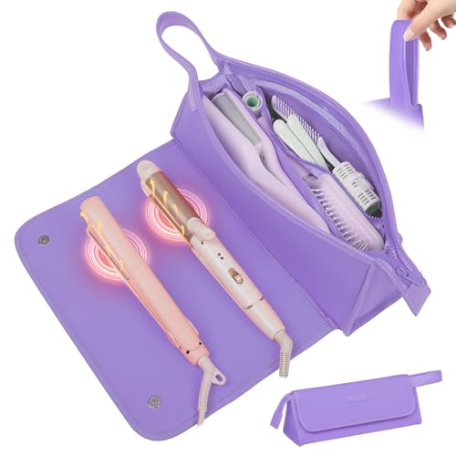 JKAOO Hair Tools Travel Bag and Heat Resistant Mat, 2 in 1 Portable Organizer Hair Travel Case for Curling Iron, Hair Straightener, Flat Irons, PU Hangable Handle, Neoprene (Purple) - color: Purple