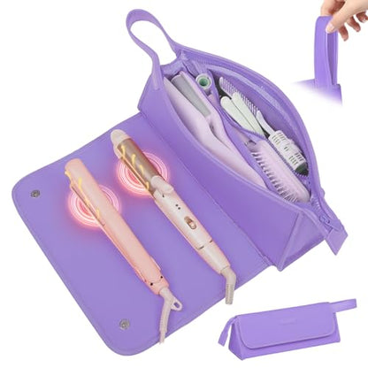 JKAOO Hair Tools Travel Bag and Heat Resistant Mat, 2 in 1 Portable Organizer Hair Travel Case for Curling Iron, Hair Straightener, Flat Irons, PU Hangable Handle, Neoprene (Purple) - color: Purple