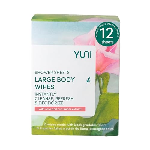YUNI Beauty Large Body Wipes (Rose Cucumber, 12 Count) Soft Moist Showerless Wipe, Cleanse & Deodorize Waterless Travel Body Cleanser, Biodegradable Individually Wrapped Body Wipe for Camping or Gym - size: 12 Count (Pack of 1)