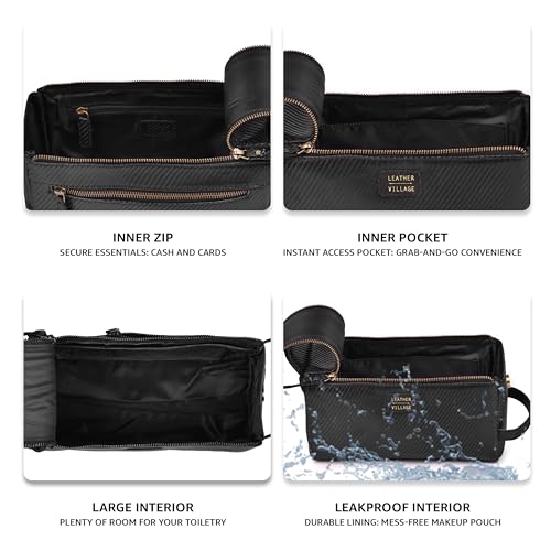 LEATHER VILLAGE Genuine Carbon Fiber Genuine Leather Travel Toiletry Bag - Large Dopp Kit, Water-Resistance Bathroom & Shaving Organizer for Men & Women - Black - color: Carbon Black