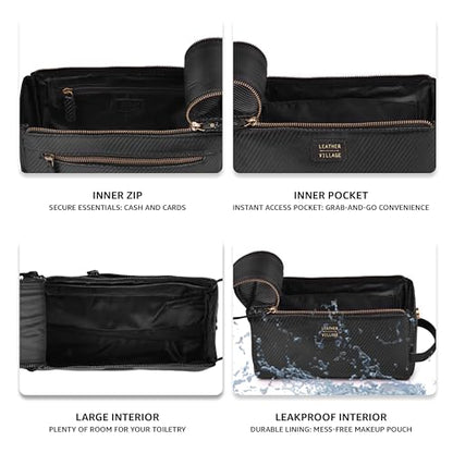 LEATHER VILLAGE Genuine Carbon Fiber Genuine Leather Travel Toiletry Bag - Large Dopp Kit, Water-Resistance Bathroom & Shaving Organizer for Men & Women - Black - color: Carbon Black