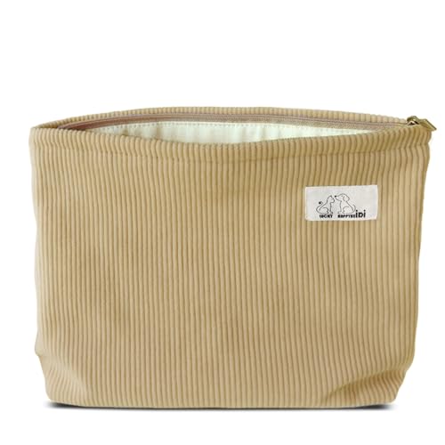 HAPPYHEIDI Cute Corduroy Makeup Bag with Pocket, Large Cosmetic Travel Pouch, Vintage Yellow, Lightweight, Zipper Closure, Canvas Lined - color: LG Camel Brown Corduroy