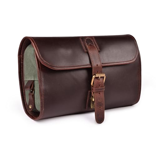 LEATHER VILLAGE Hanging Genuine Leather Toiletry Bag for Men & Women with Waterproof Lining – Handcrafted Vintage Travel Dopp Kit, Shaving Organizer & Shower Bathroom Essentials Case - Cherry - color: Mulberry Brown